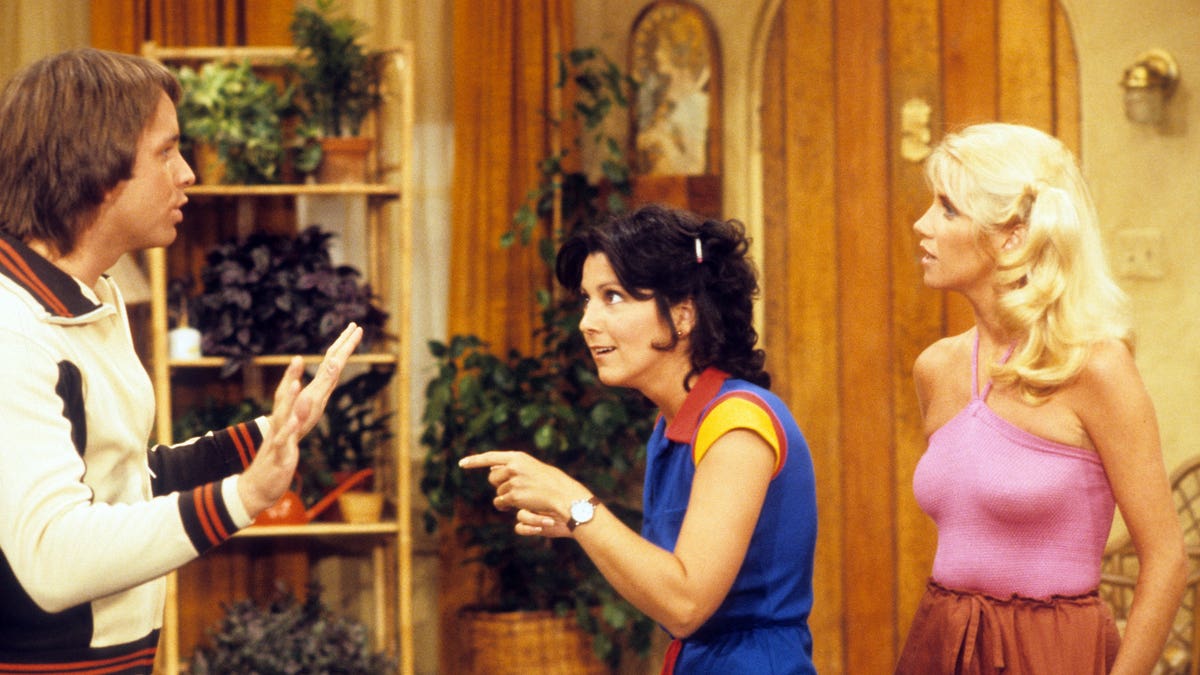 A scene from from "Three's Company" featuring John Ritter, Joyce DeWitt and Suzanne Somers. Airdate: Sept. 19, 1978. (ABC Photo Archives/ABC via Getty Images)