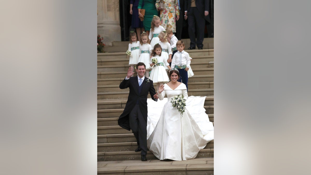 Princess Eugenie of York and Jack Brooksbank after their wedding ceremony at St George’s Chapel, Windsor Castle, near London, England, Friday Oct. 12, 2018.