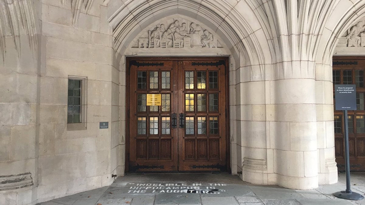 The entrance to the Yale Law School building was spray-painted with quotes from Christine Blasey Ford's testimony against U.S. Supreme Court Justice Brett Kavanaugh.