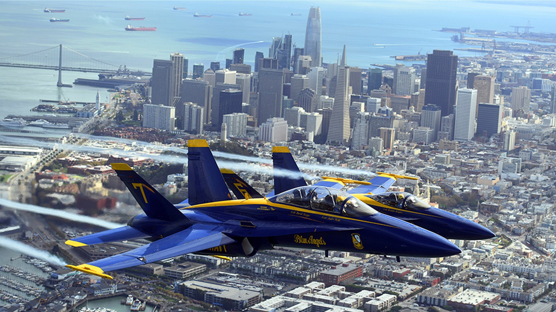 The U.S. Navy Blue Angels fly over the San Francisco Bay, Oct. 4, 2018.