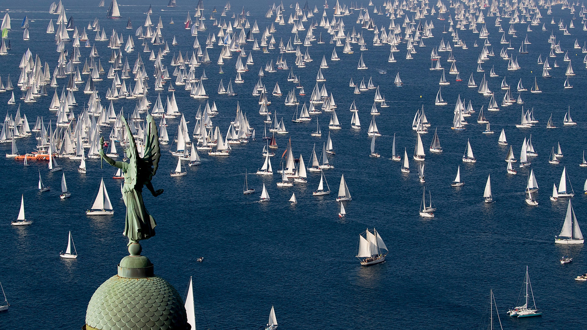 Sailboats take part in the 50th edition of the traditional "Barcelona" regatta in the Gulf of Trieste, north-eastern Italy, Oct. 14, 2018. 
