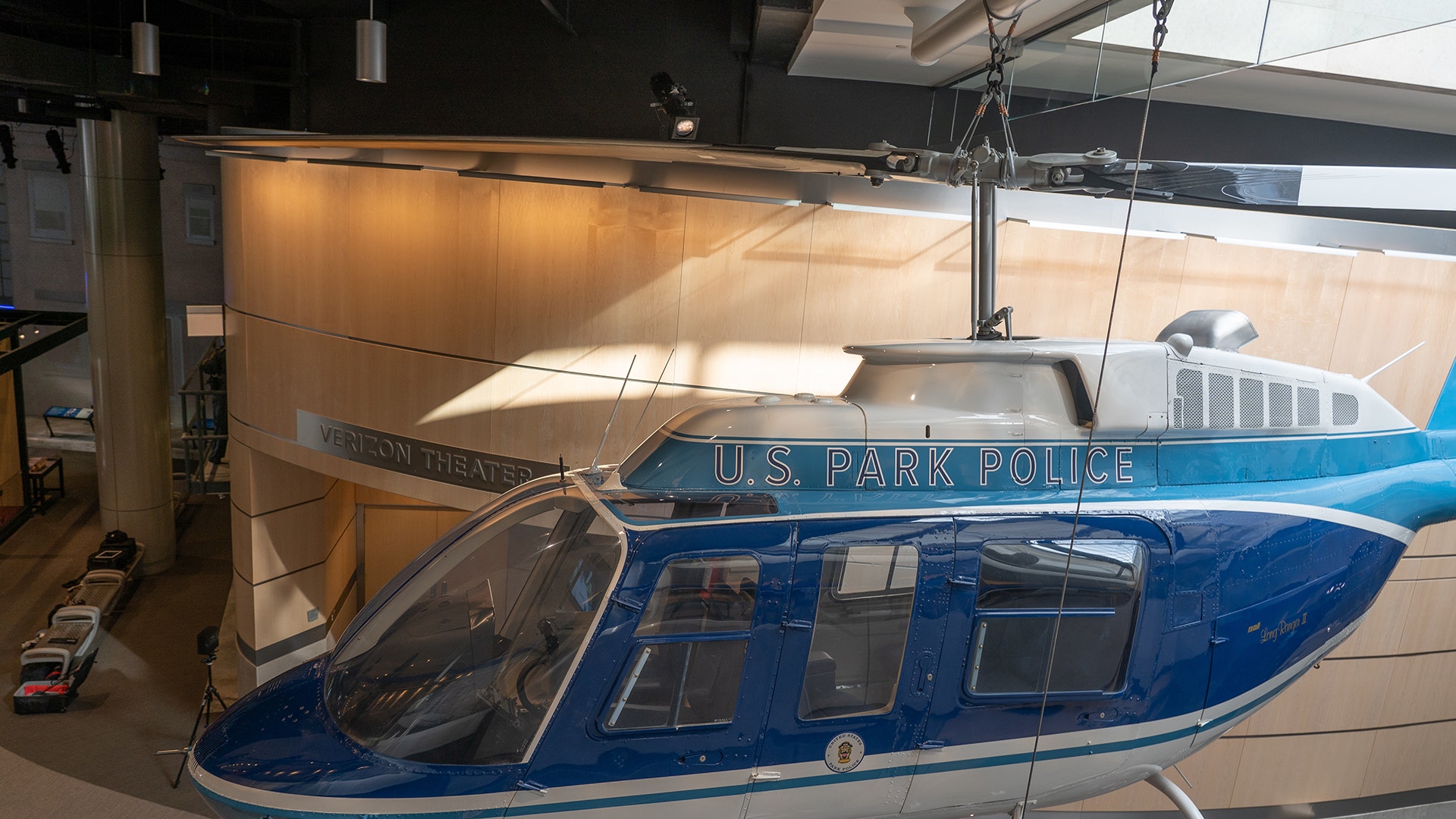 The helicopter used to rescue five survivors from the icy waters of the Potomac after the 1982 Air Florida crash hangs from the rafters. 