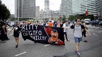 Philadelphia Flyers mascot Gritty's likeness wears Antifa logo at anti-Trump protest