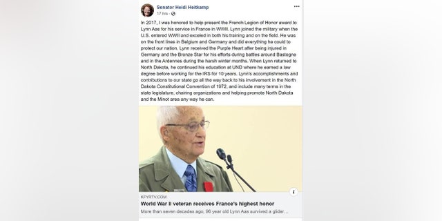 Heitkmap wrote in a now-deleted Facebook post about her encounter with Lynn Aas, a World War II veteran, she met last year when helping to present him the Legion of Honor by France for his service during the war.
