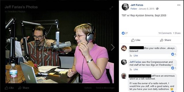 In 2015, Jeff Farias (left) posted a picture from 2005 featuring Kyrsten Sinema (right) and himself in a radio studio, adding in the comments that he saw her recently.