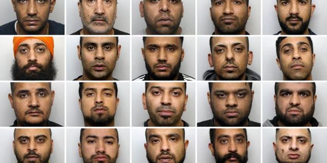Twenty men, including ringleader Amere Singh Dhaliwal (first in the second row), were found guilty of raping and abusing more than a dozen teenager girls in the U.K.
