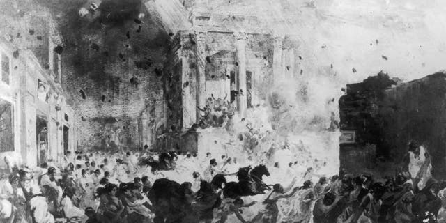 The eruption of Mount Vesuvius destroys the Roman city of Pompeii in AD 79.