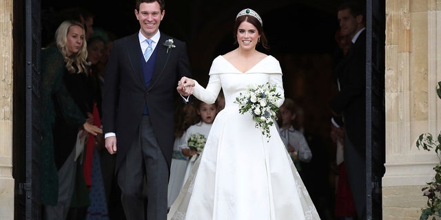 Princess Eugenie of York and Jack Brooksbank after their wedding ceremony at St George’s Chapel, Windsor Castle, near London, England, Friday Oct. 12, 2018. (Steve Parsons, Pool via AP)