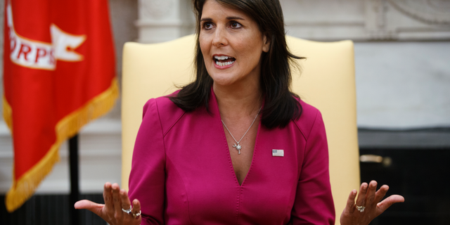 Outgoing U.S. Ambassador to the United Nations Nikki Haley speaks during a meeting with President Donald Trump in the Oval Office of the White House, Tuesday, Oct. 9, 2018, in Washington. (AP Photo/Evan Vucci)