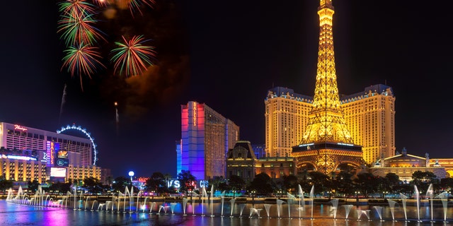 Las Vegas, Nevada - July 4, 2016: Fireworks at Bellagio Fountains in front of Paris Las Vegas hotel and casino and a replica of the Eiffel Tower in Las Vegas