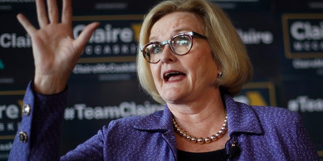 FILE - Sen. Claire McCaskill, D-Mo. talks to supporters during a campaign stop 2018, in Kansas City, Mo.