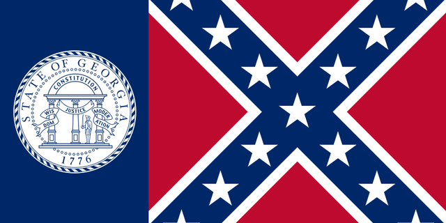 Graphic rendering of the Georgia state flag from 1956 to 2001, including the Confederate battle flag markings. (Public domain image)