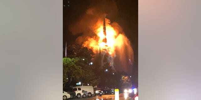 The First Baptist Church in Wakefield, Massachusetts caught fire Tuesday night after lightning reportedly struck the building.