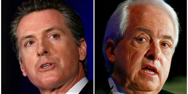 FILE: California gubernatorial candidates Lt. Gov. Gavin Newsom, left, a Democrat and Republican businessman John Cox in Sacramento, Calif.