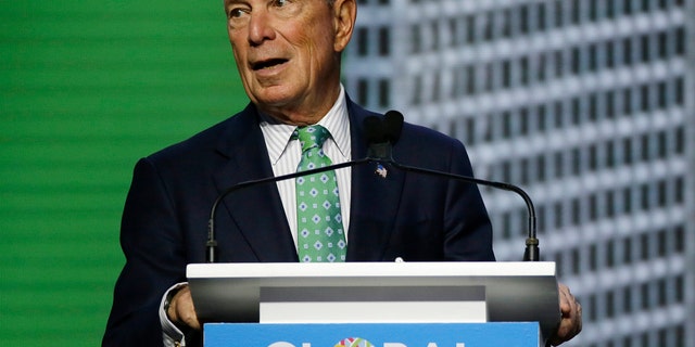 FILE - In this Sept. 13, 2018, file photo, Michael Bloomberg, the UN Secretary-General's Special Envoy for Climate Action, speaks during the plenary session of the Global Action Climate Summit in San Francisco. (AP Photo/Eric Risberg, File)