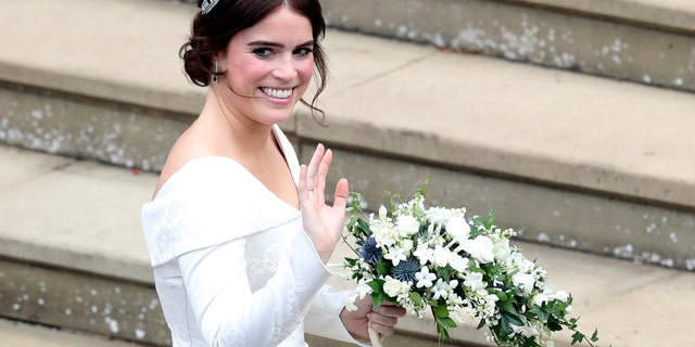 Princess Eugenie wore a tiara by Christopher De Vos, loaned to her by Queen Elizabeth II.