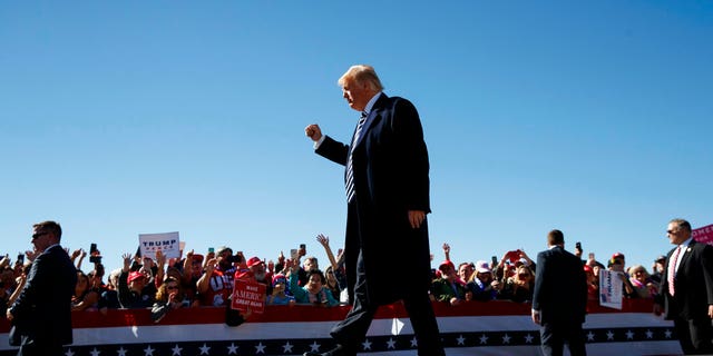 President Donald Trump walks from the stage at Elko Regional Airport, Saturday, He spoke about the INF treaty following his rally in Nevada.(AP Photo/Carolyn Kaster)