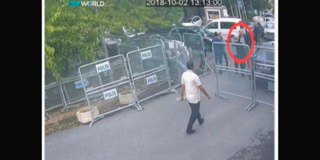 This image, obtained by the Turkish broadcaster TRT World purportedly shows Saudi journalist Jamal Khashoggi before passing barriers that block the road leading to the Saudi consulate, in Istanbul.