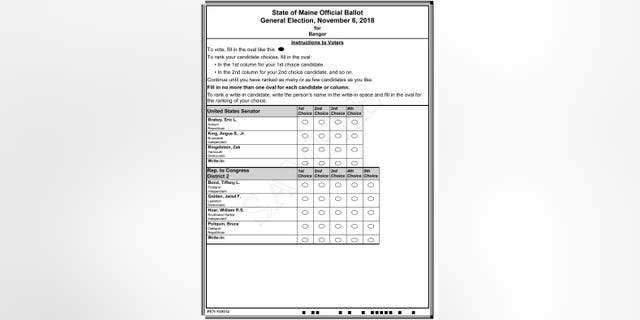 This image released by the Maine Office of Secretary of State shows a sample ballot for some of the offices up for election in the state's November general election. The ballot offers voters ranked choices for placing their vote using the new system in the November general election.