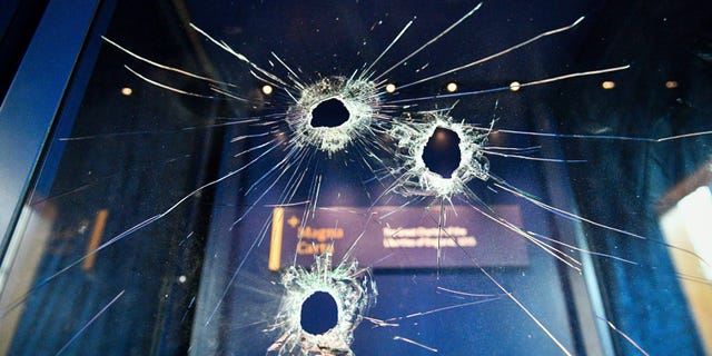 Hammer holes in the glass case that housed the Magna Carta, at Salisbury Cathedral after a 45-year-old man has been arrested on suspicion of its attempted theft, in Salisbury, England. (Ben Birchall/PA via AP)
