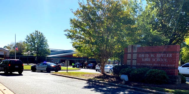 Emergency personnel respond to a shooting at Butler High School in Matthews, N.C., on Monday, Oct. 29, 2018.
