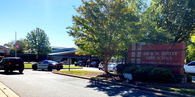 Emergency personnel respond to a shooting at Butler High School in Matthews, N.C., on Monday, Oct. 29, 2018.