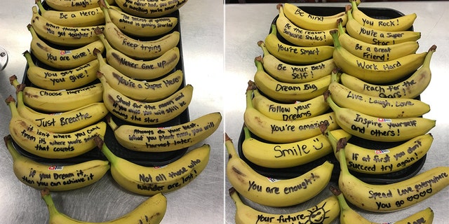 Cafeteria manager Stacey Truman started bringing the "talking bananas" to school to brighten up the students' days.