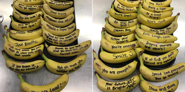 Cafeteria manager Stacey Truman started bringing the "talking bananas" to school to brighten up the students' days.