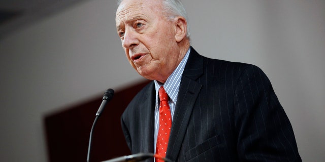 James Brady, chairman of the University System of Maryland Board of Regents, speaks at a news conference to announce the board's recommendation that football head coach DJ Durkin retain his job, Tuesday, Oct. 30, 2018, in Baltimore. Durkin has been on paid administrative leave since August, following the death of a player who collapsed during practice and an investigation of bullying by the Maryland coaching staff. (AP Photo/Patrick Semansky)