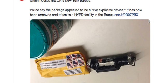 This screenshot from CNN's Twitter account shows what CNN says is the explosive device that was delivered to their New York headquarters on Wednesday, Oct. 24, 2018.