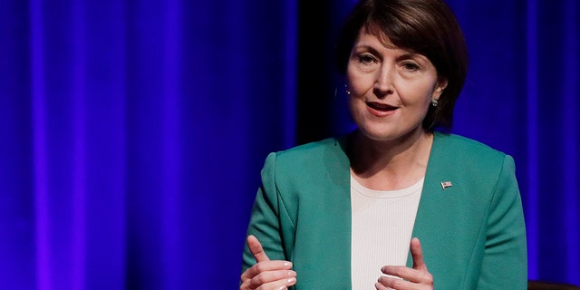 U.S. Rep. Cathy McMorris Rodgers, R-Spokane, who is being challenged by Democrat Lisa Brown, speaks during a debate, Wednesday, Sept. 19, 2018, in Spokane, Wash.