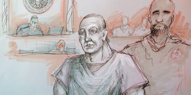 In this courtroom sketch, Cesar Sayoc, left, appears in federal court, Monday, Oct. 29, 2018, in Miami. Sayoc is accused of sending pipe bombs to prominent Democrats around the country. A judge will hold a hearing Friday on whether Sayoc can be released on bail. (Daniel Pontet via AP)