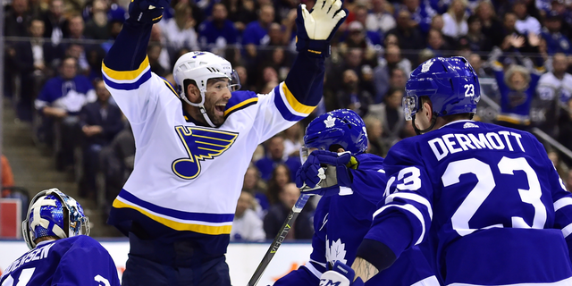 St. Louis Blues left wing Pat Maroon (7) celebrates his team's first goal during the second period of an NHL hockey game against the Toronto Maple Leafs, in Toronto on Saturday, Oct. 20, 2018. (Frank Gunn/The Canadian Press via AP)