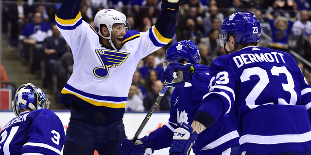 St. Louis Blues left wing Pat Maroon (7) celebrates his team's first goal during the second period of an NHL hockey game against the Toronto Maple Leafs, in Toronto on Saturday, Oct. 20, 2018. (Frank Gunn/The Canadian Press via AP)