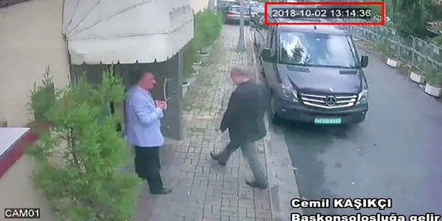 This image taken from surveillance video claims to show Saudi journalist Jamal Khashoggi entering the Saudi consulate in Istanbul on Oct. 2. He has not been seen or heard from since.