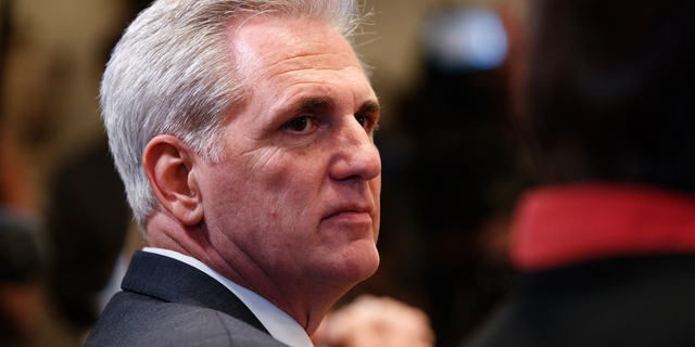 FILE - In this May 16, 2018, file photo, House Majority Leader Rep. Kevin McCarthy, R-Calif., listens during a roundtable in Washington. McCarthy says thieves broke into his office in Bakersfield, Calif., and that he's hoping for help from the public to identify them. (AP Photo/Evan Vucci, File)