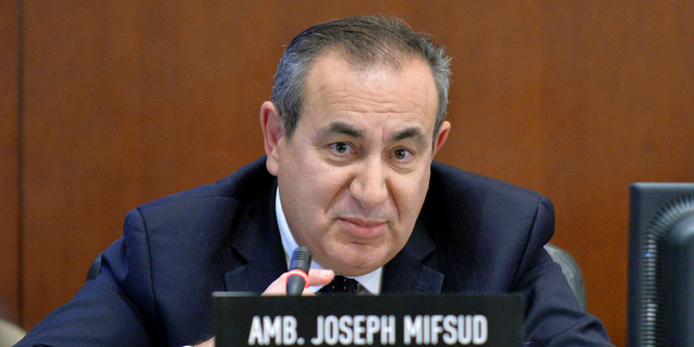 This Nov. 12, 2014 photo made available by the Organization of American States shows Maltese academic Joseph Mifsud during a meeting in Washington. It was Mifsud who allegedly dropped the first hint that the Russians were interfering into the 2016 U.S. presidential election. (Juan Manuel Herrera/OAS via AP)