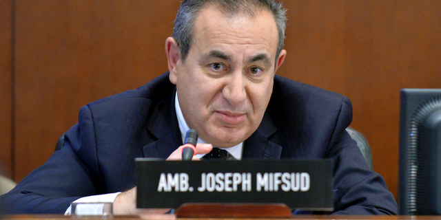 This Nov. 12, 2014 photo made available by the Organization of American States shows Maltese academic Joseph Mifsud during a meeting in Washington. It was Mifsud who allegedly dropped the first hint that the Russians were interfering into the 2016 U.S. presidential election. (Juan Manuel Herrera/OAS via AP)