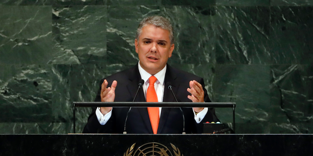 哥伦比亚总统伊万·杜克·马尔克斯于2018年9月26日星期三在联合国总部举行的第73届联合国大会上发表讲话。