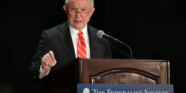 Attorney General Jeff Sessions speaks at a luncheon event organized by the Boston Lawyers Chapter of the Federalist Society, Monday, Oct. 29, 2018, at a hotel in Boston. Sessions spoke about religious liberty during remarks. (AP Photo/Steven Senne)
