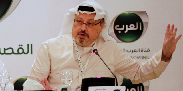 Jamal Khashoggi speaking during a press conference in Bahrain in 2014.