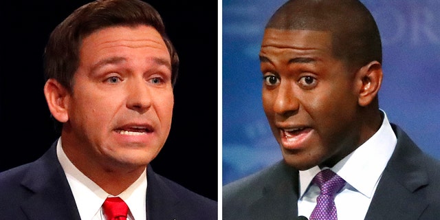 Former Republican Rep. Ron DeSantis and Tallahassee Mayor Andrew Gillum during their second and final debate at Broward College in Davie, Florida, on Wednesday.