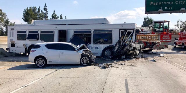 A bus crashed on California's 405 freeway on Sunday.