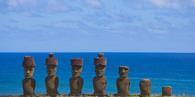 Stock Photo - Statues at Anakena Beach, Easter Island, Chile. (Photo by Eric LAFFORGUE / Gamma-Rapho via Getty Images)