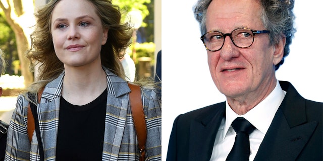 Actress Eryn Jean Norvill, left, leaves the Federal Court in Sydney, Australia, Tuesday, Oct. 30, 2018, after giving evidence during a defamation trial brought on by fellow actor Geoffrey Rush, right.