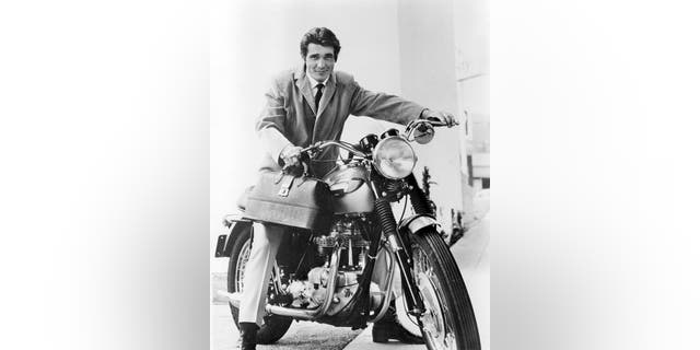 American actor James Brolin astride a motorcycle, as Dr. Steven Kiley in the US television drama "Marcus Welby, MD" 1969.