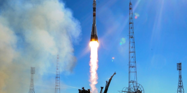 Russia's Soyuz MS-10 spacecraft blasts off from the launch pad at the Russian-leased Baikonur Cosmodrome in Baikonur on October 11, 2018.