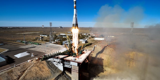 Russia's Soyuz MS-10 spacecraft carrying the members of the International Space Station (ISS) expedition 57/58, Russian cosmonaut Alexey Ovchinin and NASA astronaut Nick Hague, blasts off from the launch pad at the Russian-leased Baikonur Cosmodrome in Baikonur on Oct. 11, 2018.