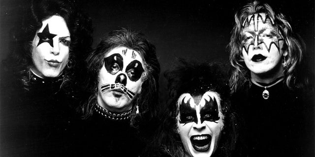 (L-R) Paul Stanley, Peter Criss, Gene Simmons and Ace Frehley of the rock 'n' roll band KISS pose for a portrait for the cover of their self-entitled first album, which was released on February 18, 1974.