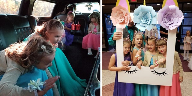 Left photo: Girls play with the cool stuff in the limo. Right photo: "Selfie pics" at the daddy-daughter dance. Left to right Steve Culbert daughters Aliyah and Haley pose with Alvery and Alivia Reece.